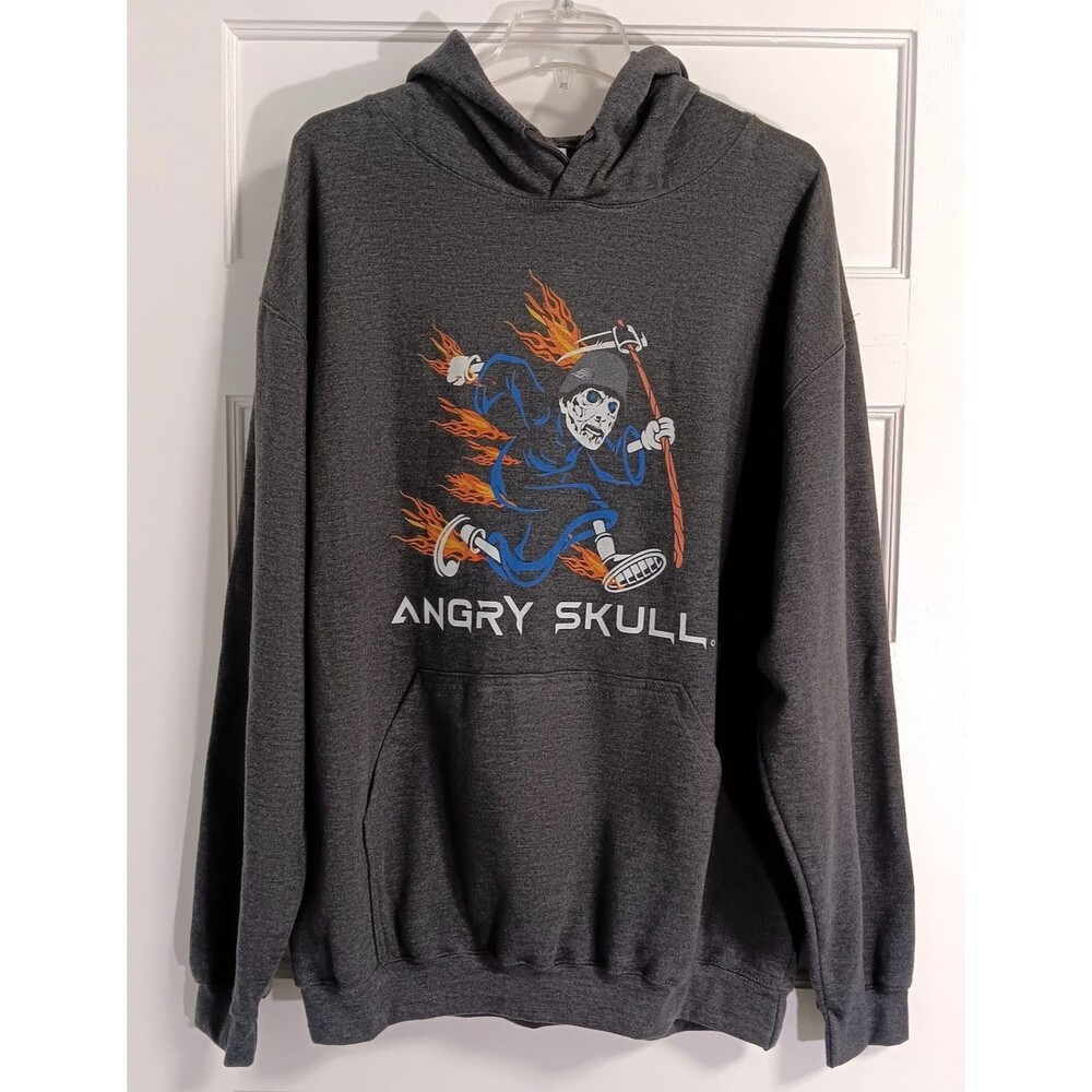 Y2K Grunge Skulls Tultex Hoodie Sweatshirt Men XL Gray Flames Grim Reaper Goth